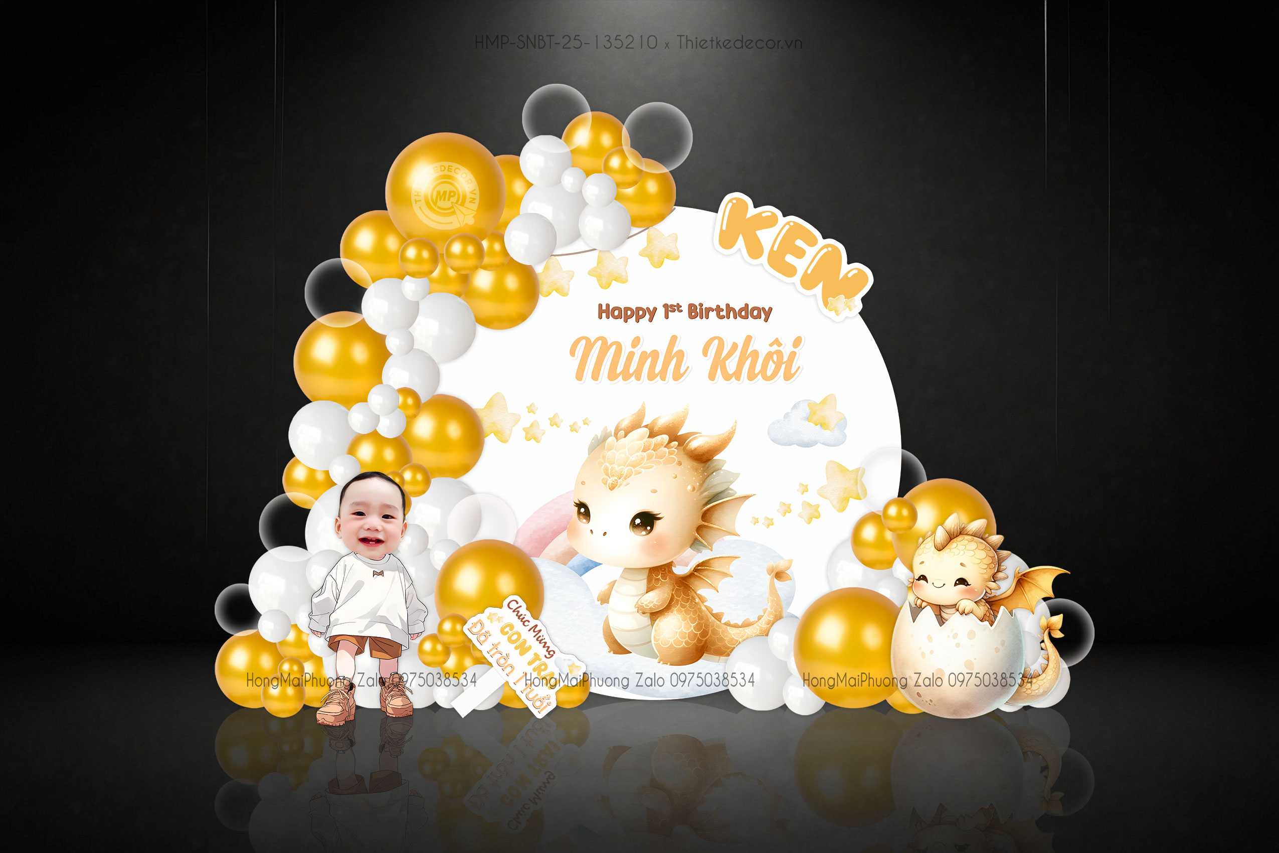 Sinh nhật bé trai tuổi rồng tone vàng kèm chibi và tag cầm tay